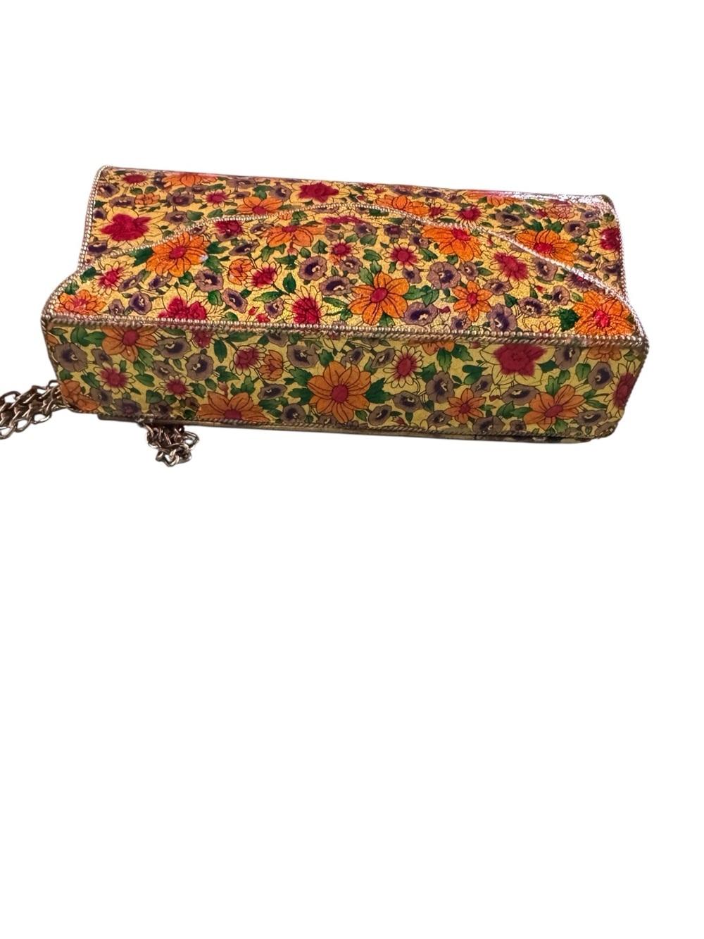 Vintage Antik Kraft Floral Decoupage Clutch Crossbody Chain Bag Boho Gold - Picture 6 of 11